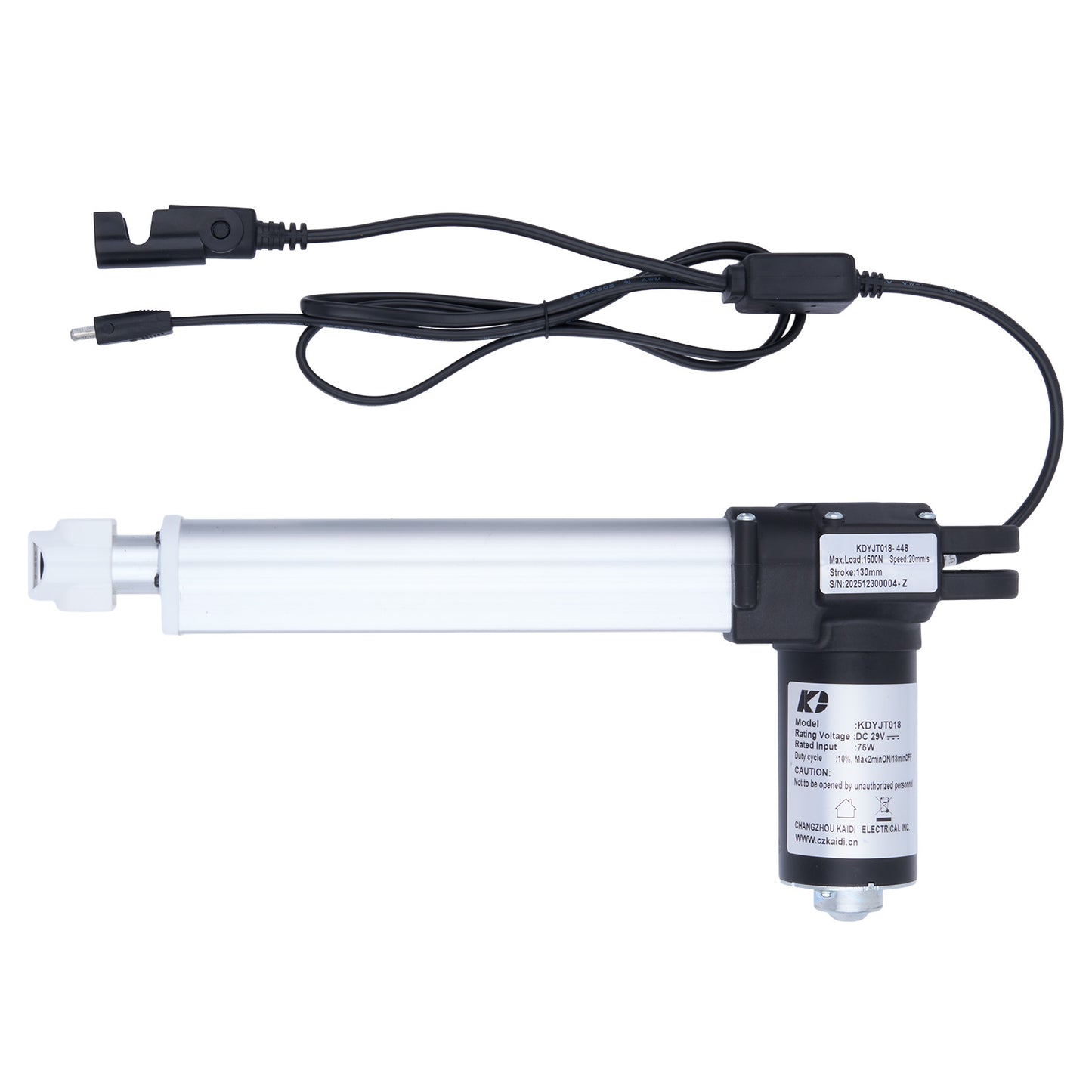 Electric linear actuator with power cable on a white background