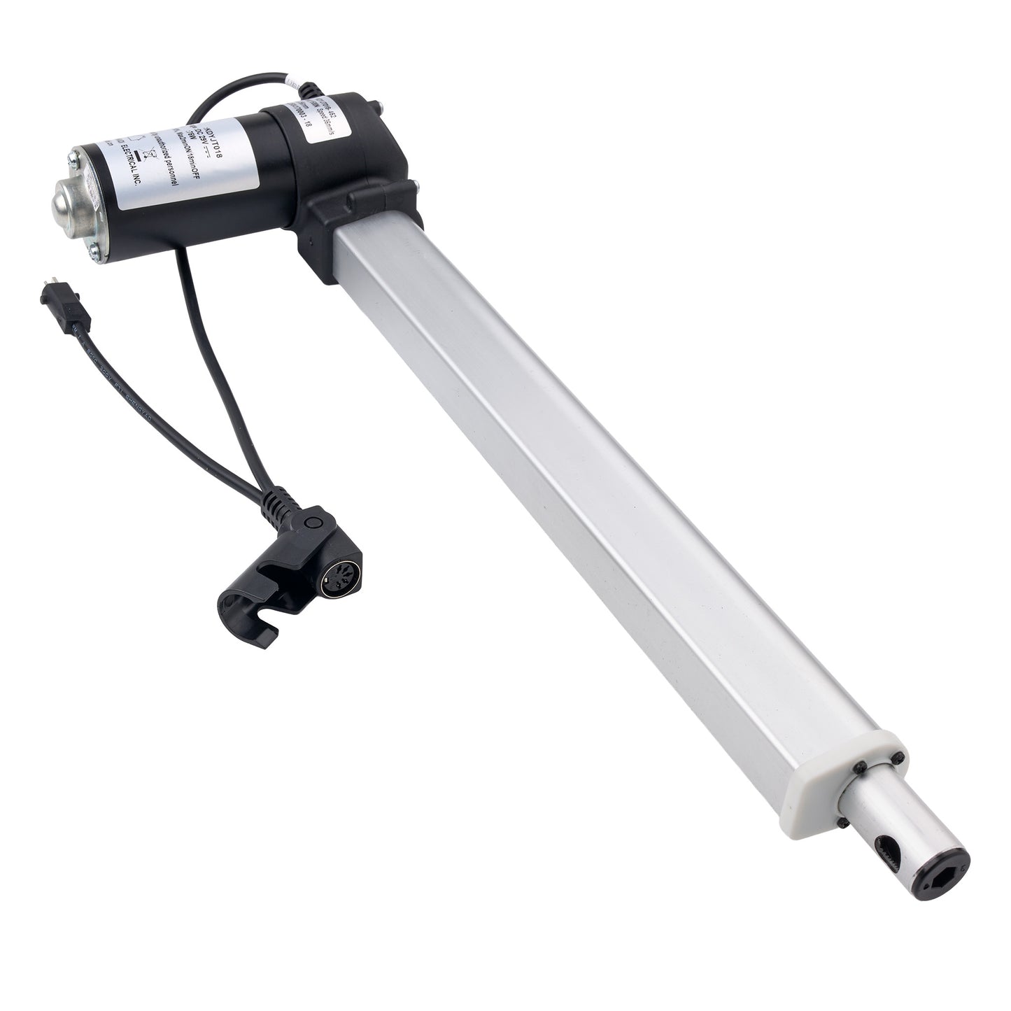 A linear electric motor drive with a long silver metal rod, a black motor housing, and attached black wires and connector, shown on a plain white background.