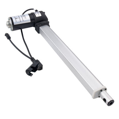 A linear electric motor drive with a long silver metal rod, a black motor housing, and attached black wires and connector, shown on a plain white background.