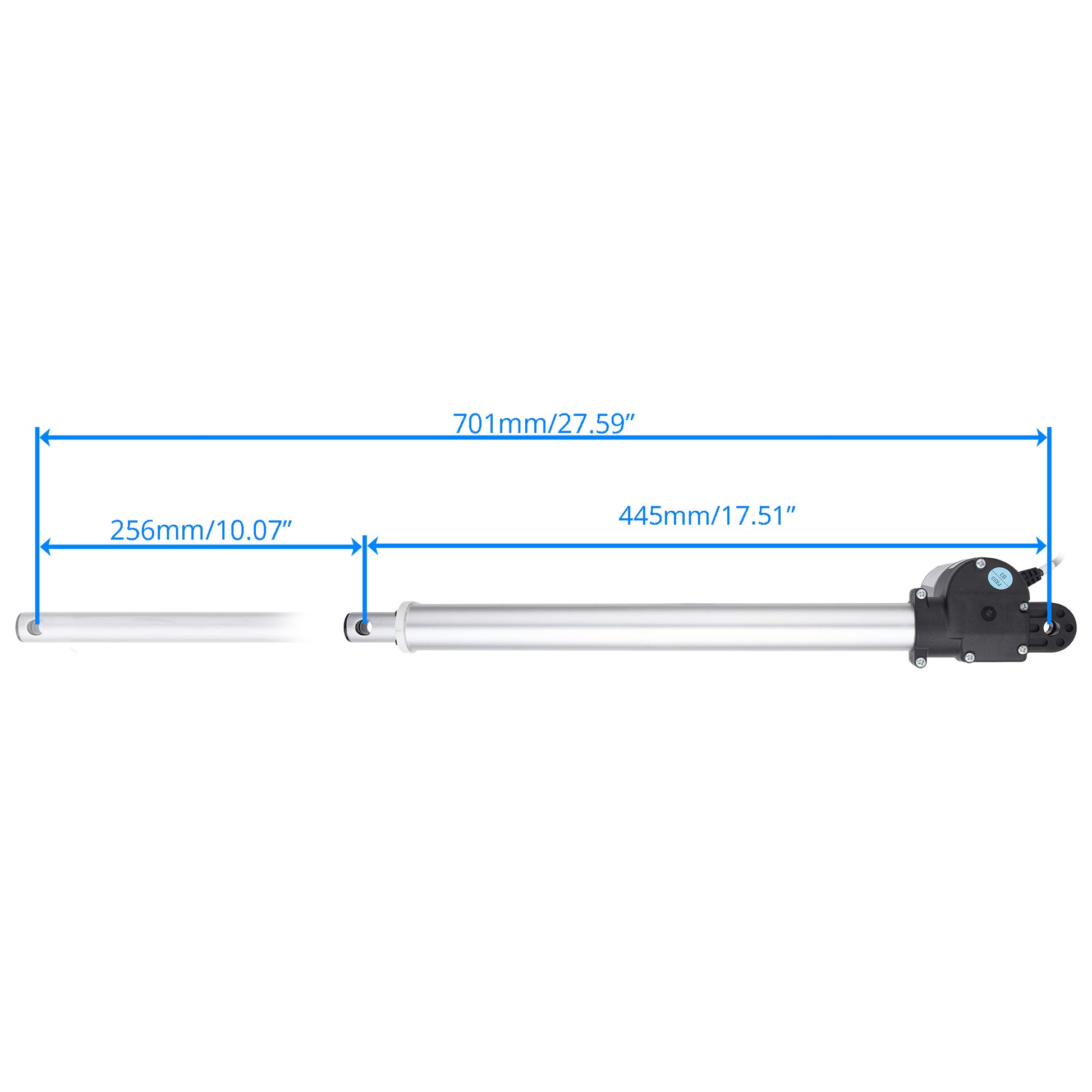 A technical dimension diagram of a linear actuator on a white background, showing measurements of 701mm total, 256mm left section, and 445mm right section with blue dimension lines.