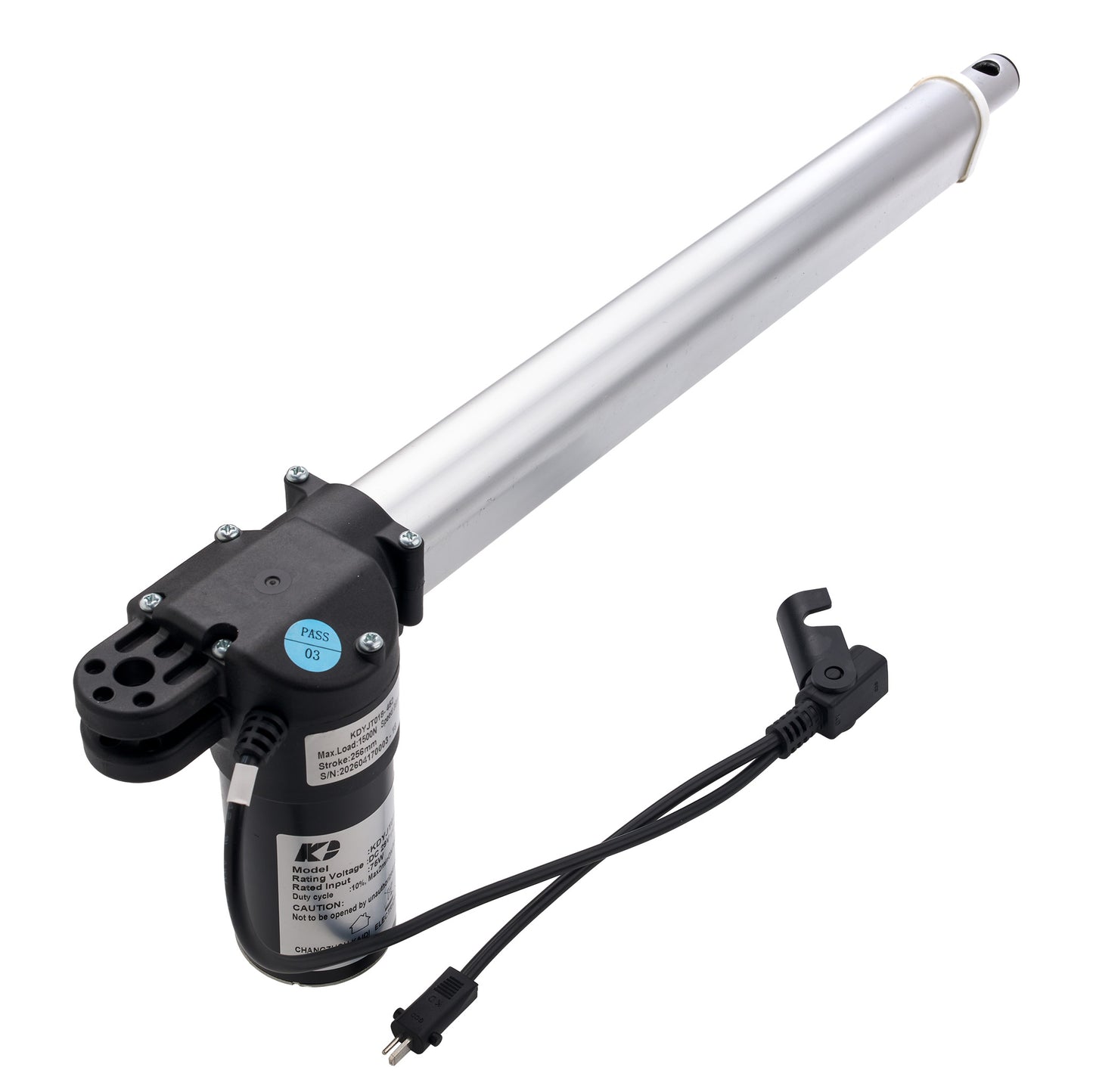 An electric motorized patio gate opener mechanism with a long silver metal rod, a black motor housing, and an attached black power cable, shown on a plain white background.