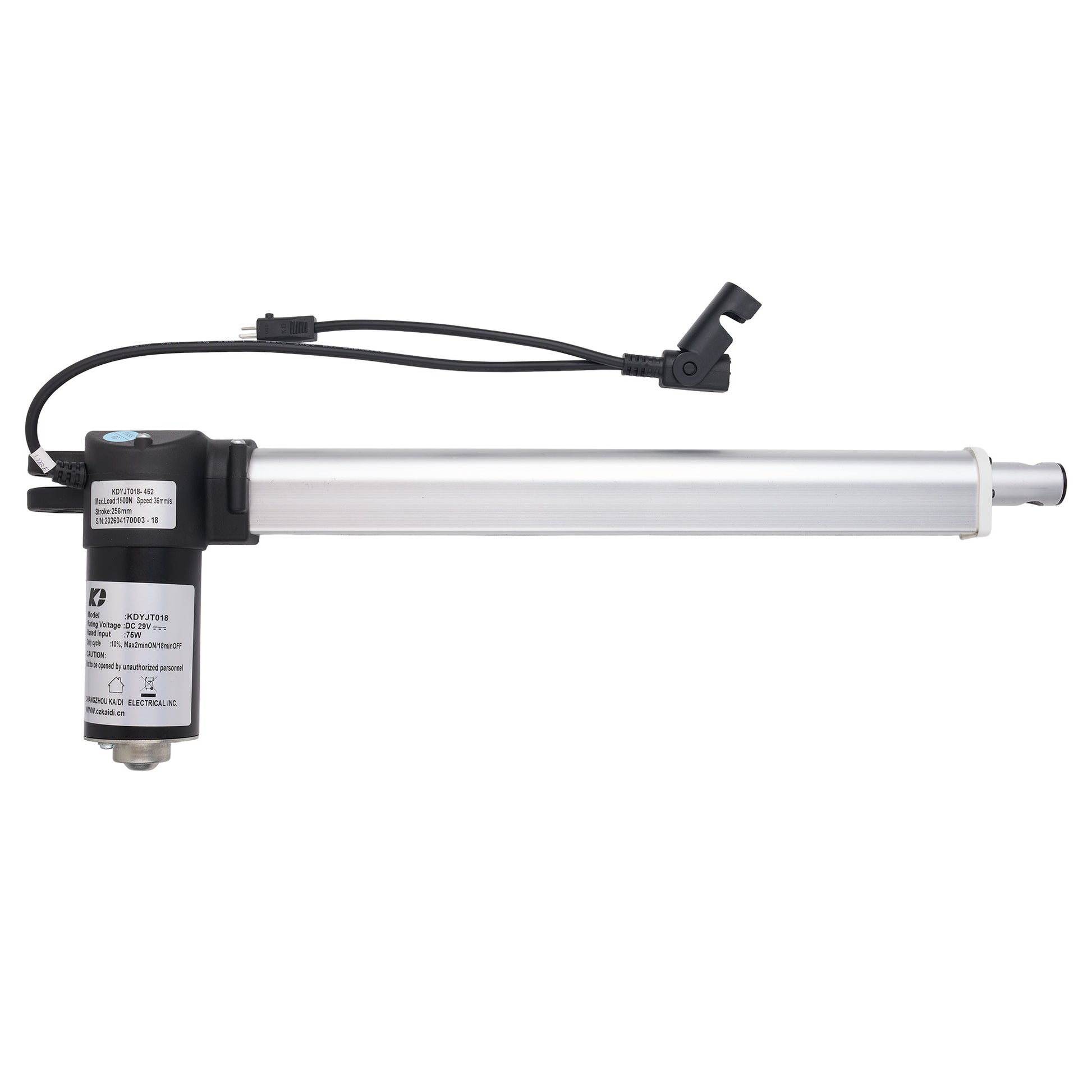 A linear electric actuator with a silver cylindrical rod, a black motor housing with a white label, and a black wire harness with a connector, shown against a plain white background.