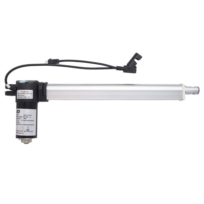 A linear electric actuator with a silver cylindrical rod, a black motor housing with a white label, and a black wire harness with a connector, shown against a plain white background.