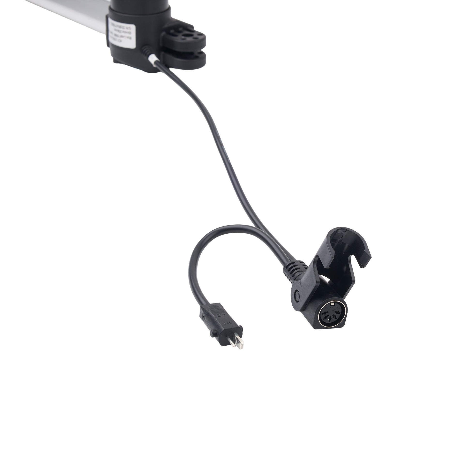 A close-up of a black electrical cable with a multi-pin connector on one end and a plug on the other, attached to a black clamp assembly on a white background.