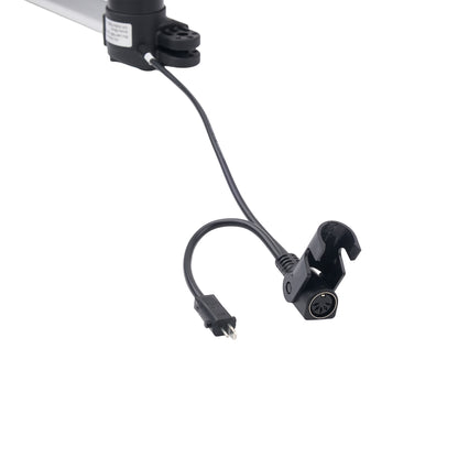 A close-up of a black electrical cable with a multi-pin connector on one end and a plug on the other, attached to a black clamp assembly on a white background.