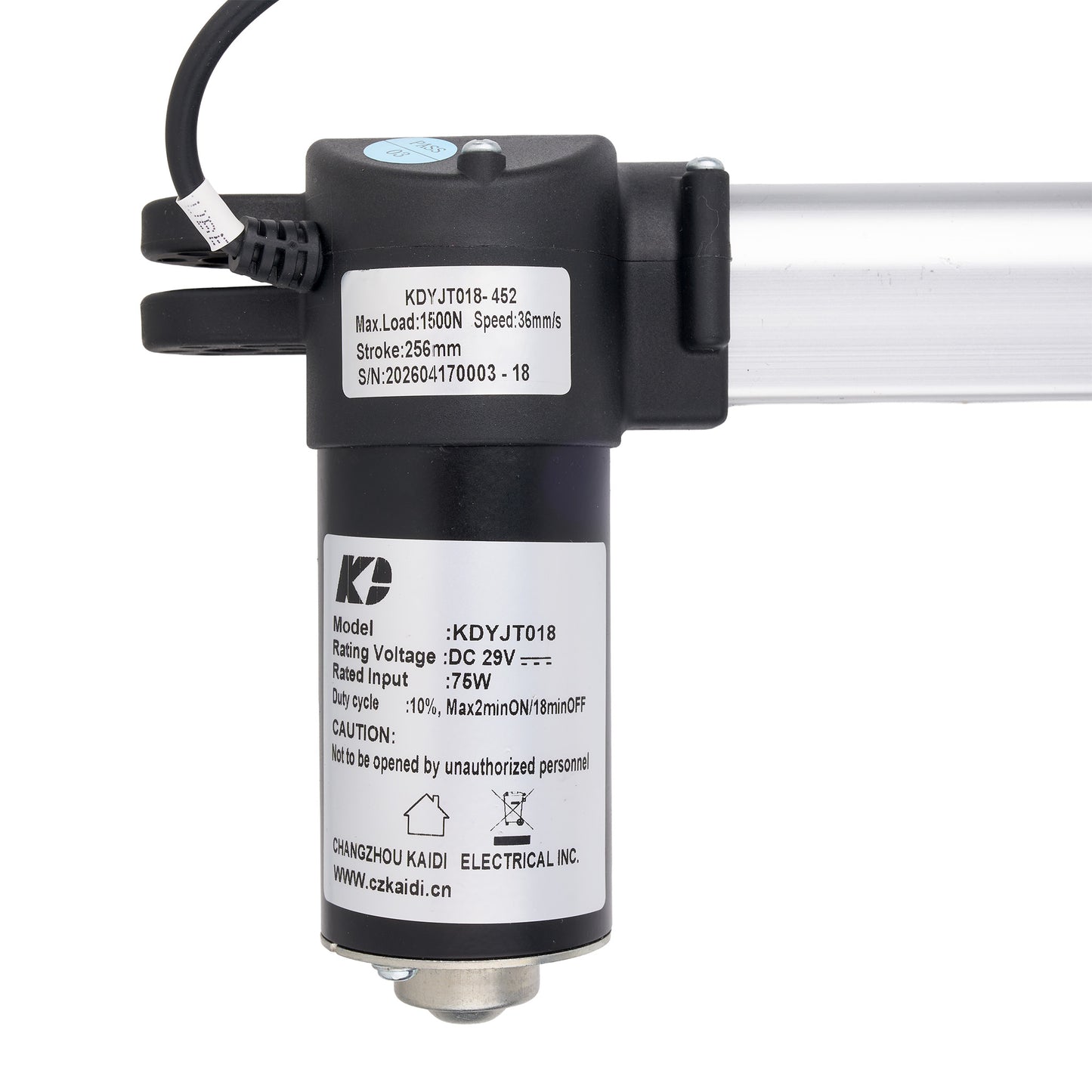 An electric linear actuator motor with a long silver metal rod, black plastic end caps, a silver cylindrical motor housing, and a black power cable with a connector plug, shown on a plain white background.