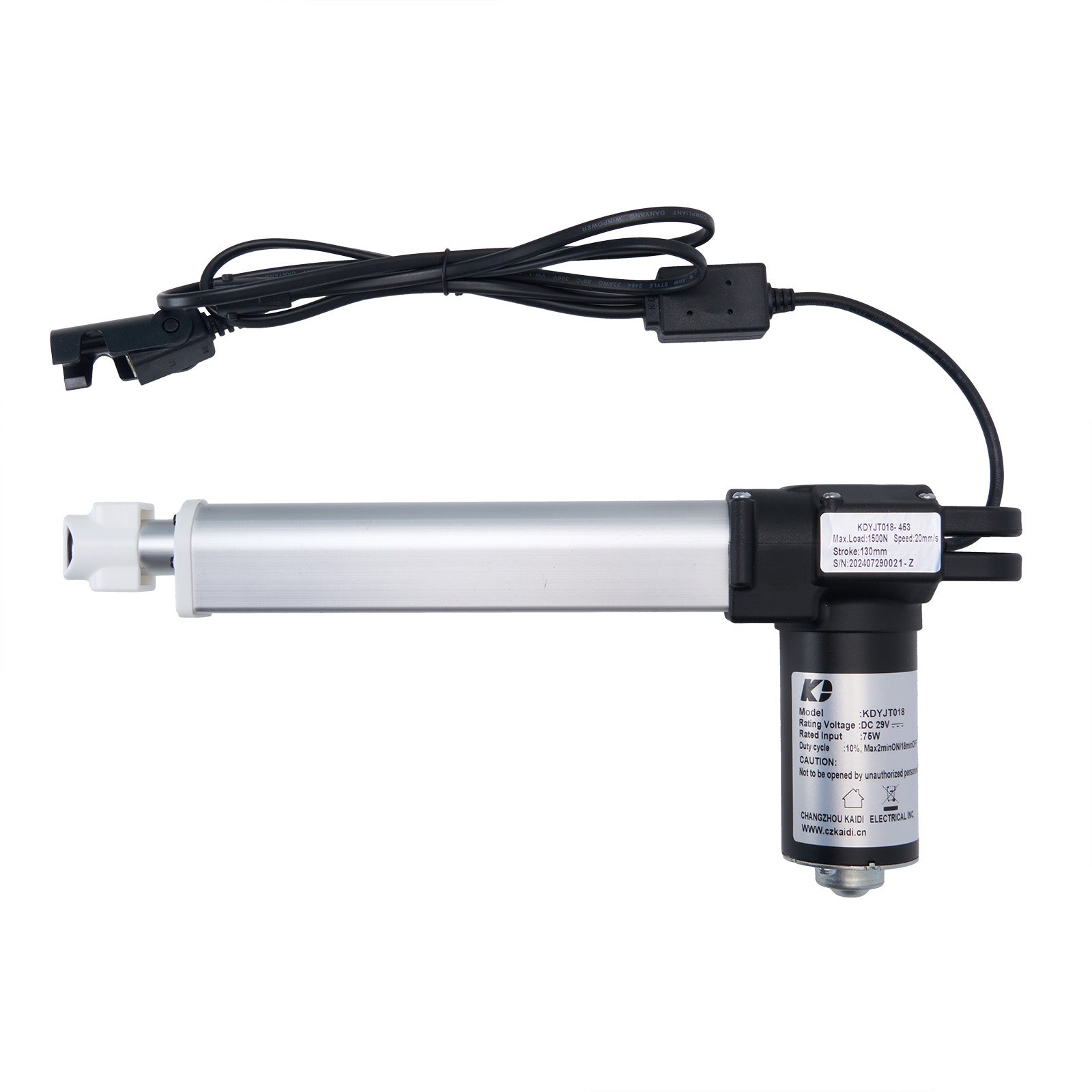 Linear actuator with power cable on a white background