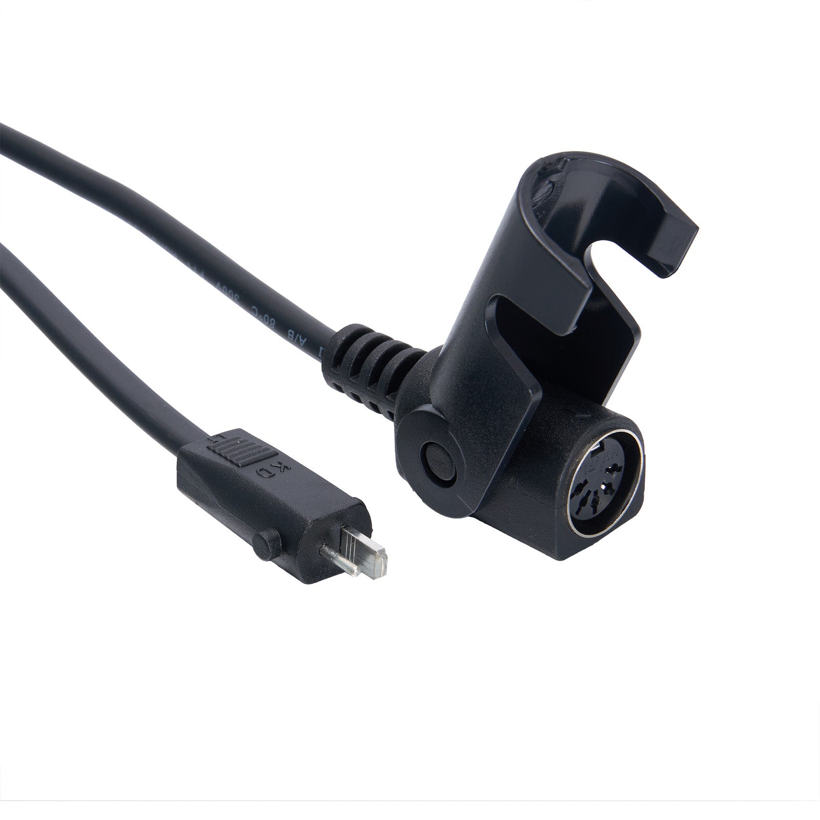 Black audio cable with plug and connector on a white background