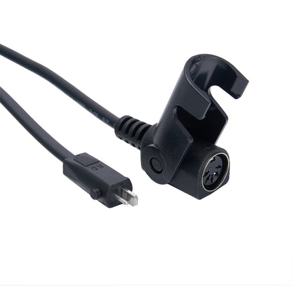 Black audio cable with plug and connector on a white background