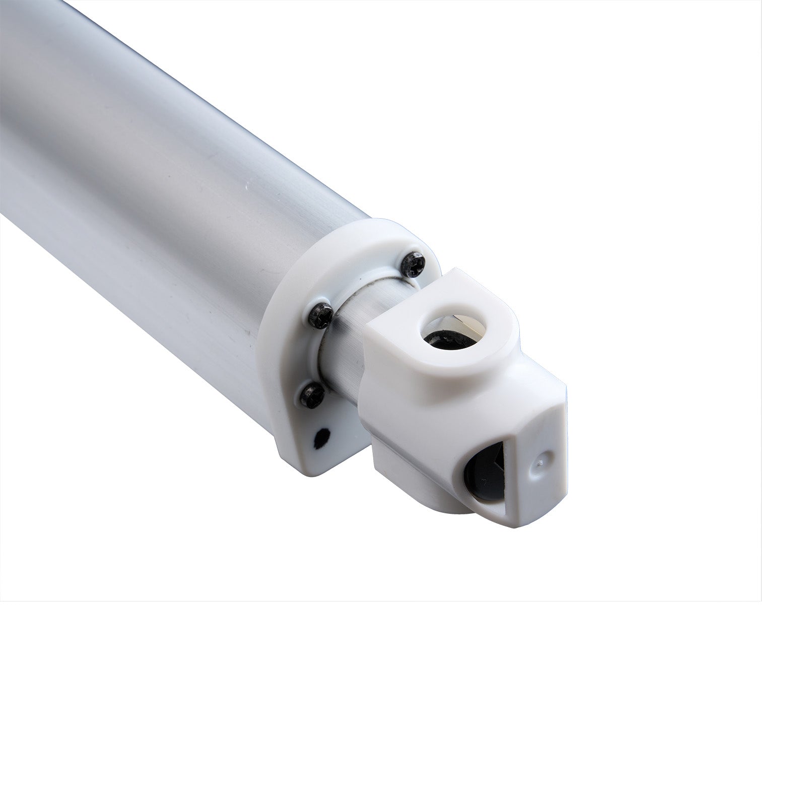 Close-up of a white cylindrical object with black screws on a white background