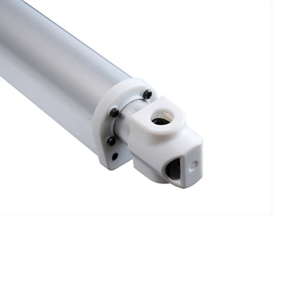 Close-up of a white cylindrical object with black screws on a white background