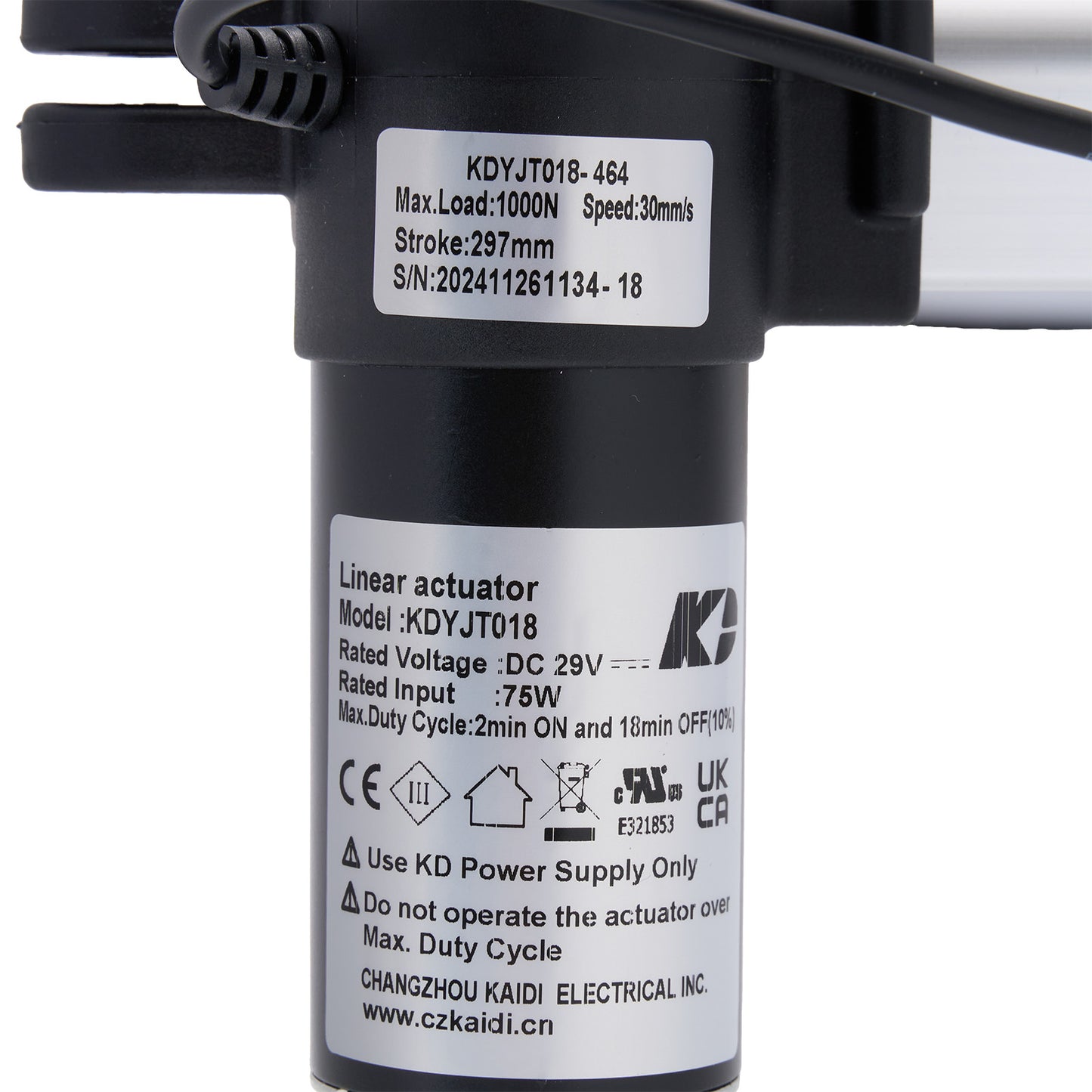 Linear actuator with technical specifications label on a white background