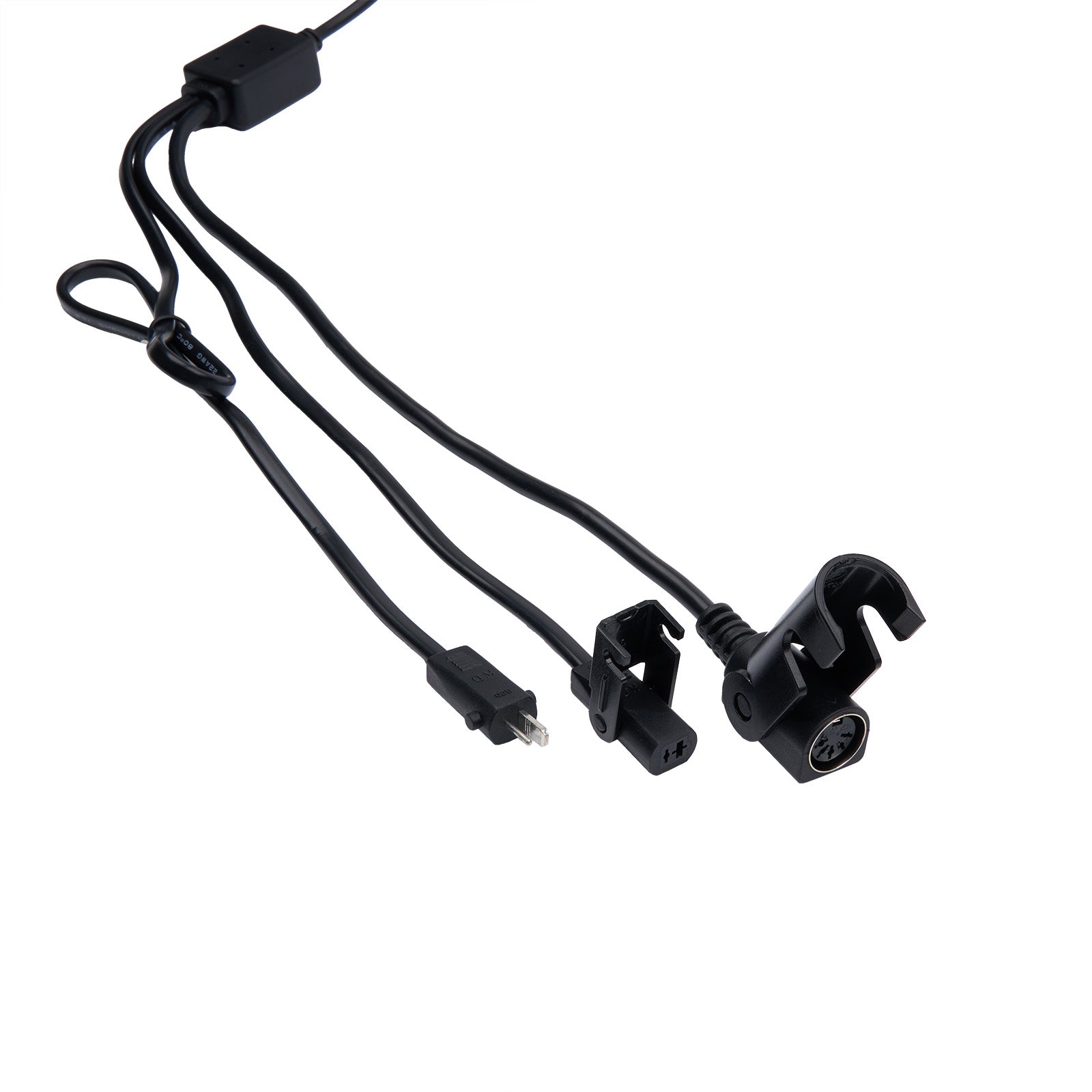 Black cable with connectors on a white background