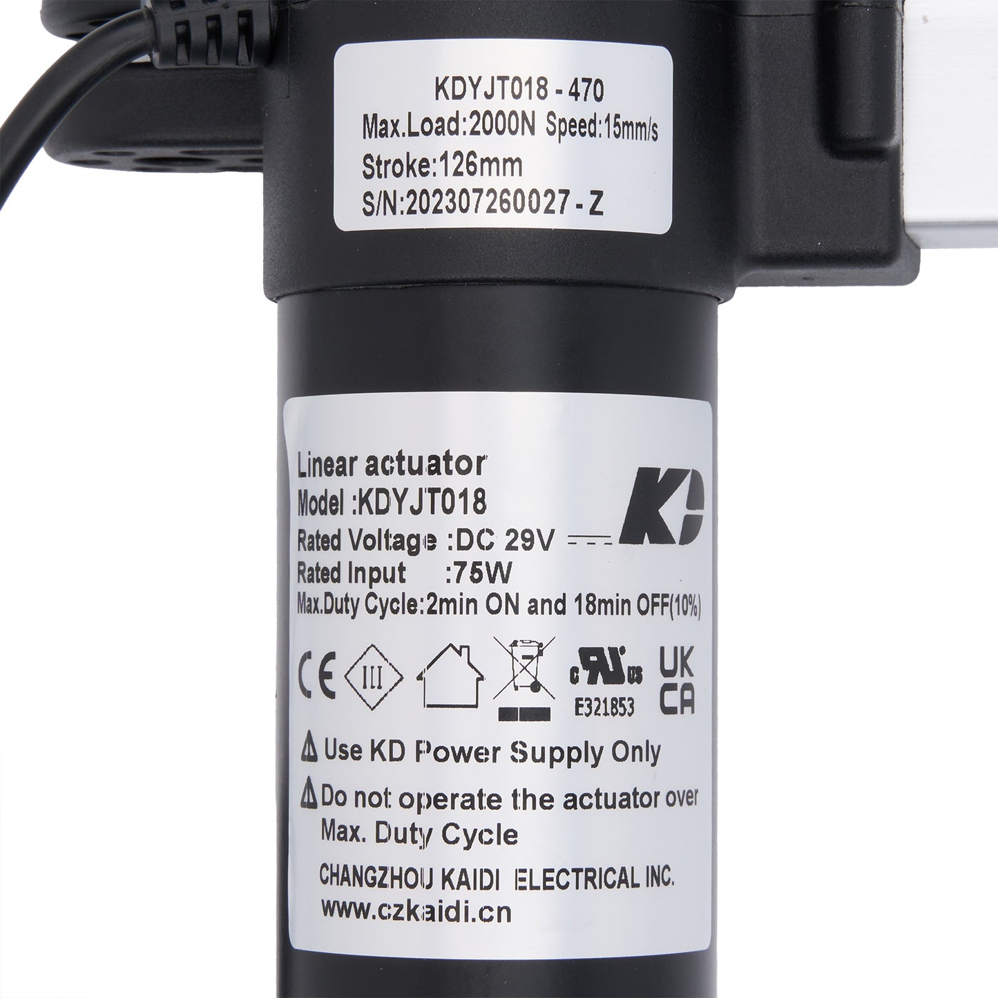 Linear actuator with technical specifications label on a white background