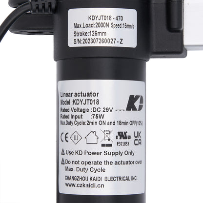 Linear actuator with technical specifications label on a white background