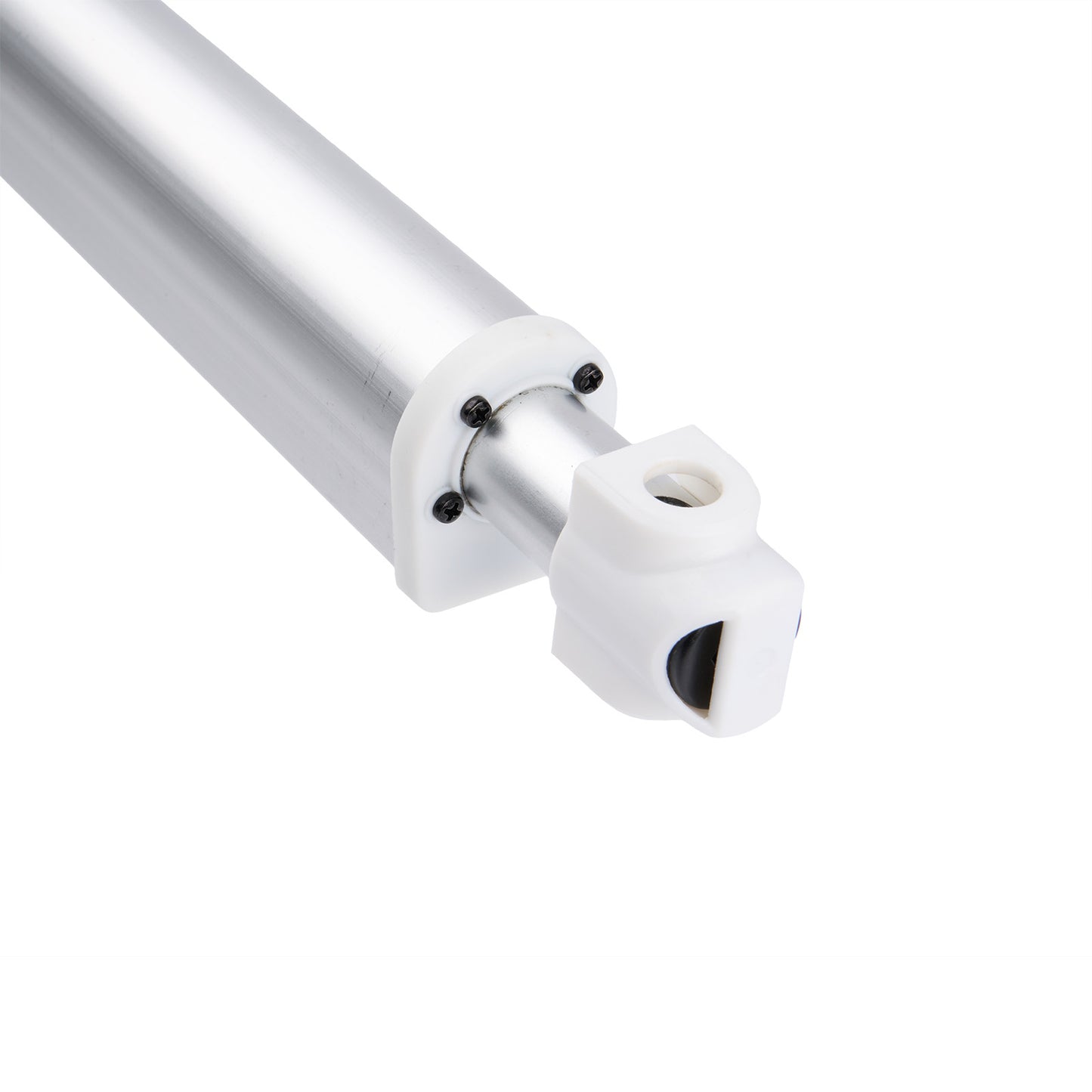 Metallic cylindrical object with a white end on a white background