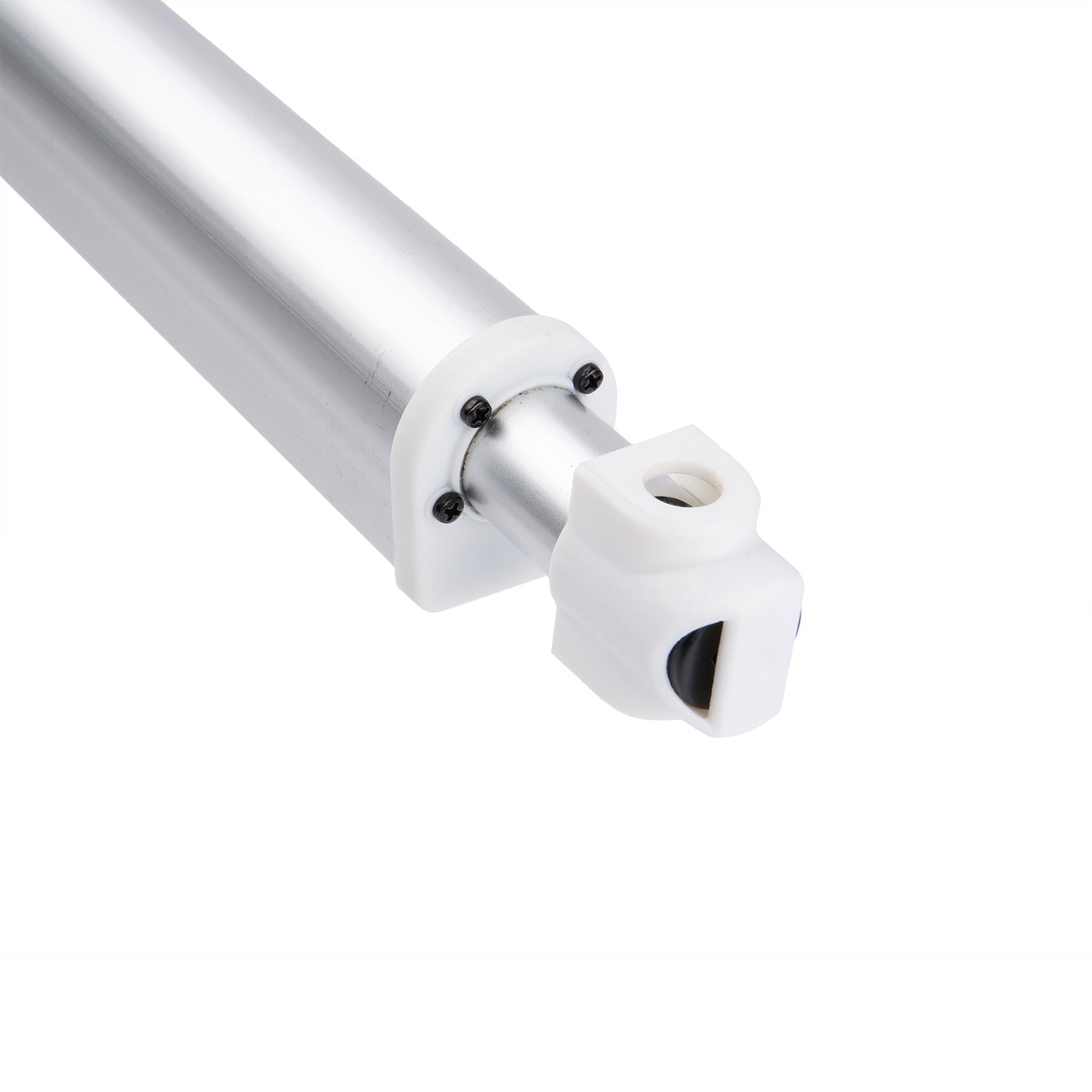 Metallic cylindrical object with a white end on a white background