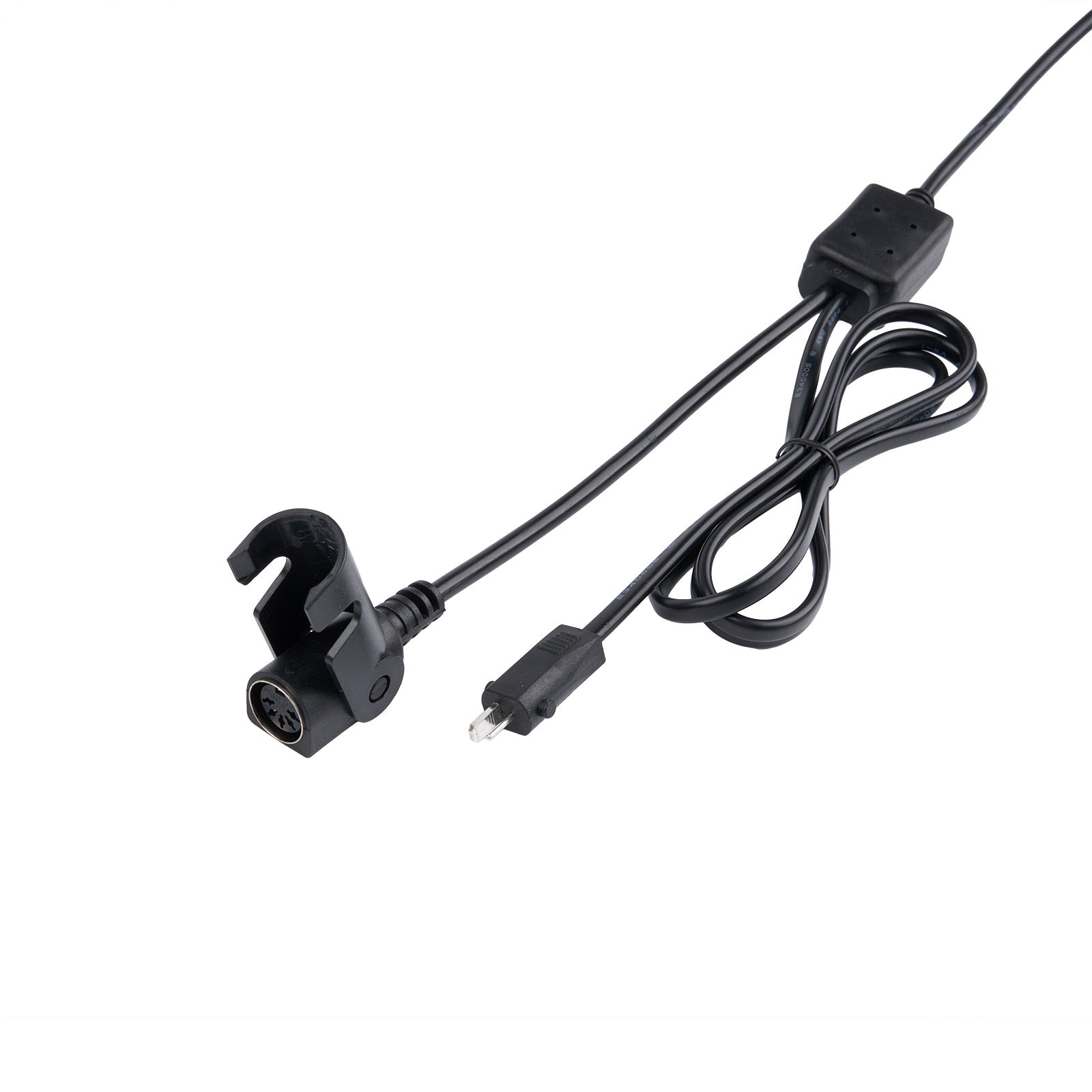 Black electronic cable with connectors on a white background
