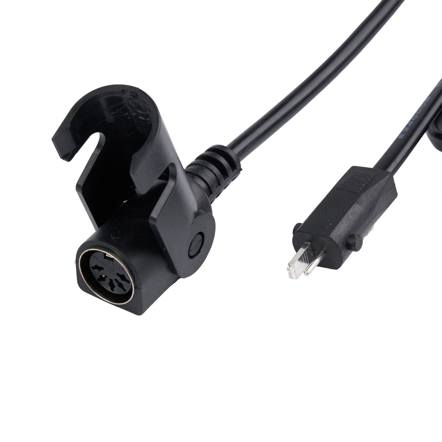Black audio cable with XLR plug and USB connector on a white background