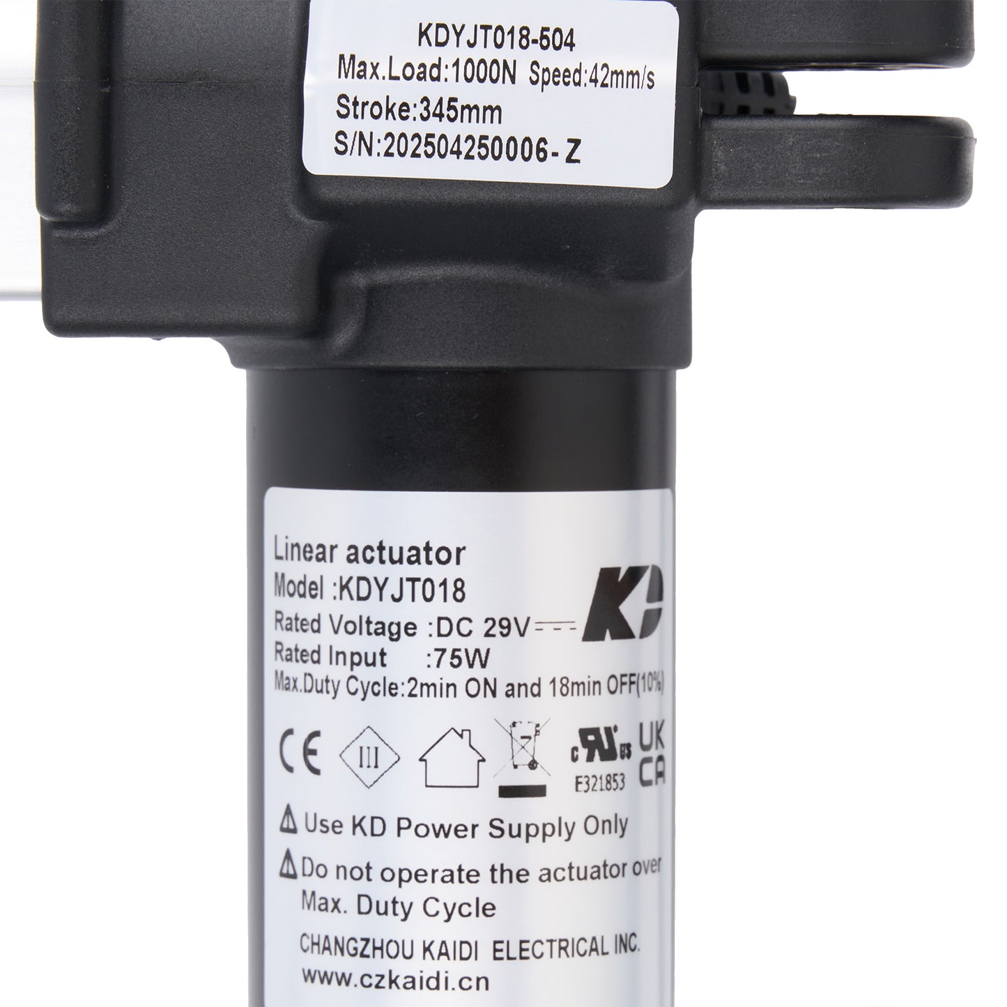 Linear actuator with technical specifications label on a white background