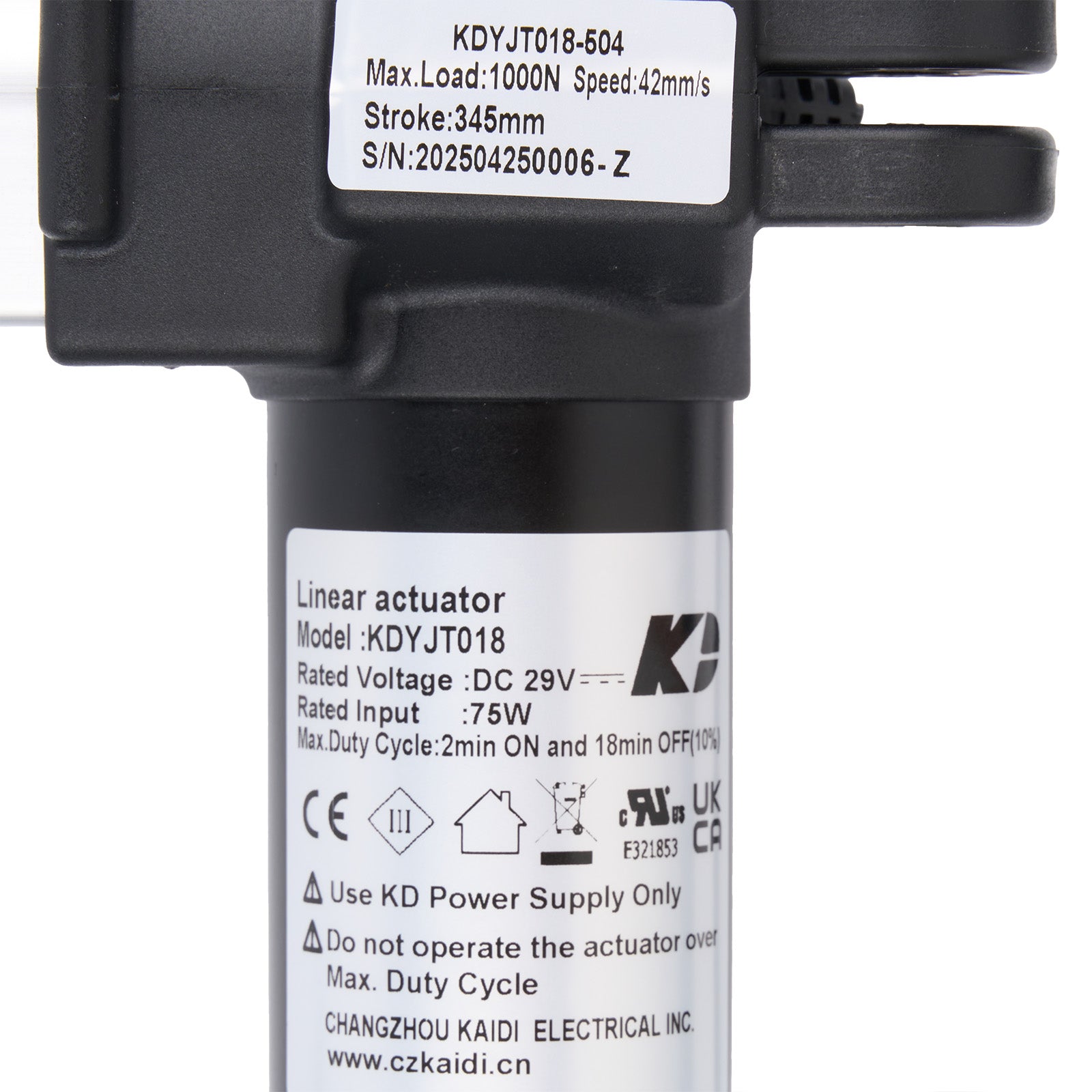 Linear actuator with technical specifications label on a white background