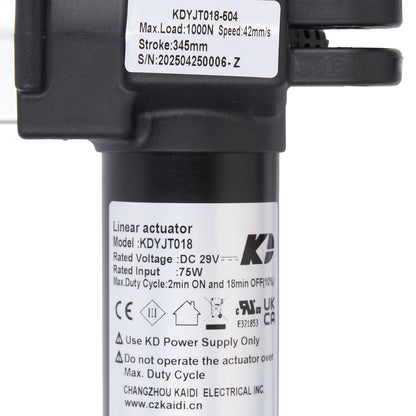 Linear actuator with technical specifications label on a white background