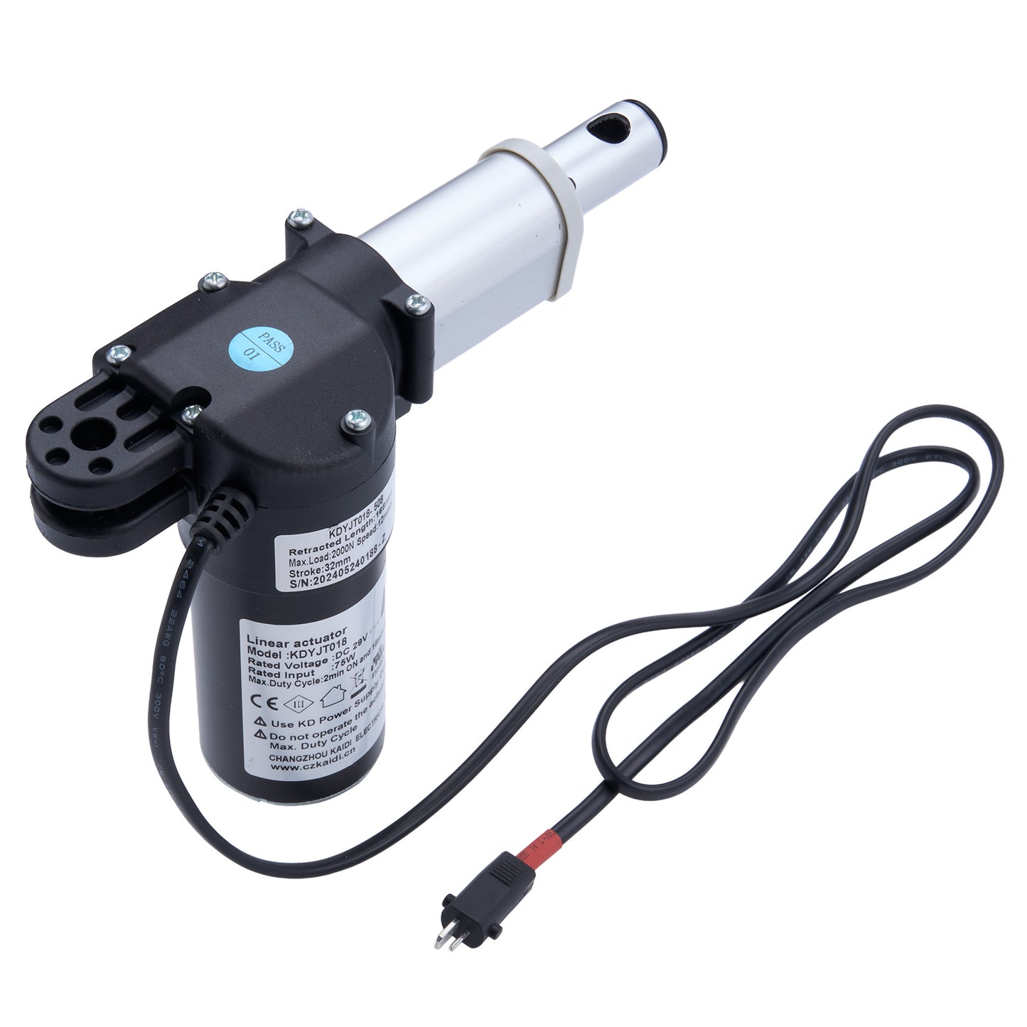 Black and white mechanical device with a cable on a white background