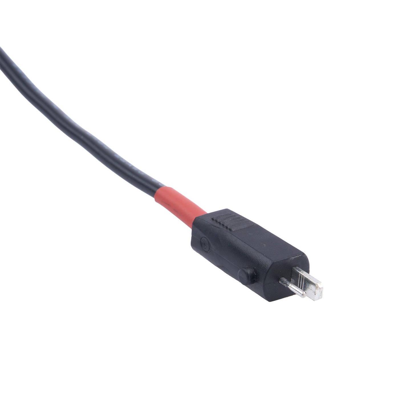 Electrical cable with black connector and red stripe on a white background