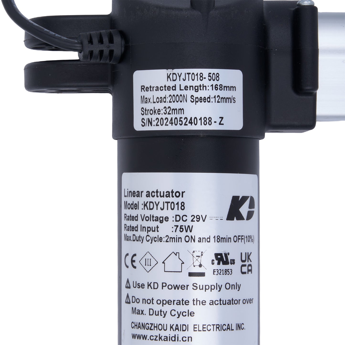 Linear actuator with specifications label on a white background