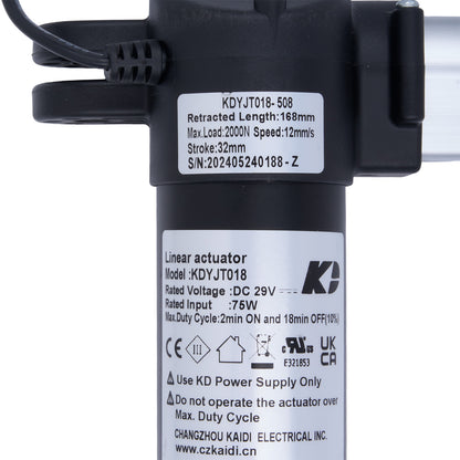 Linear actuator with specifications label on a white background