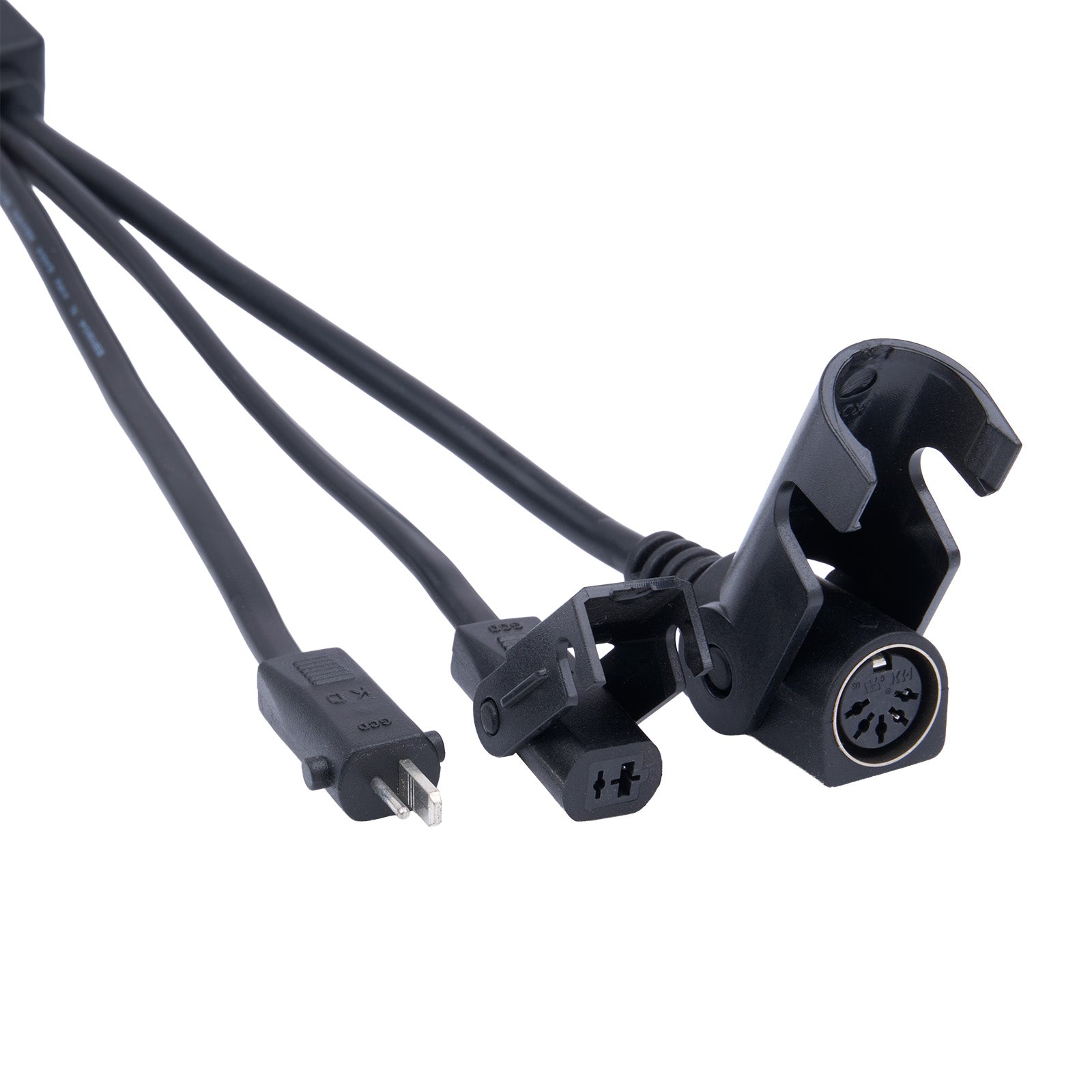 Black electrical cable with various connectors on a white background