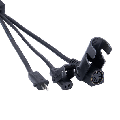 Black electrical cable with various connectors on a white background