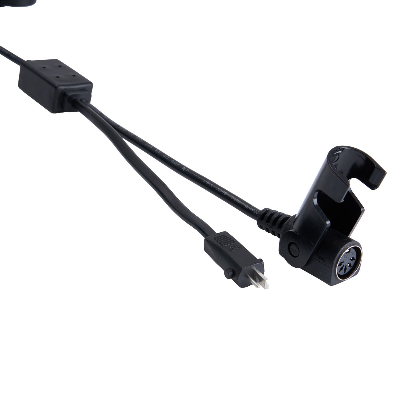 Black cable with connectors on a white background