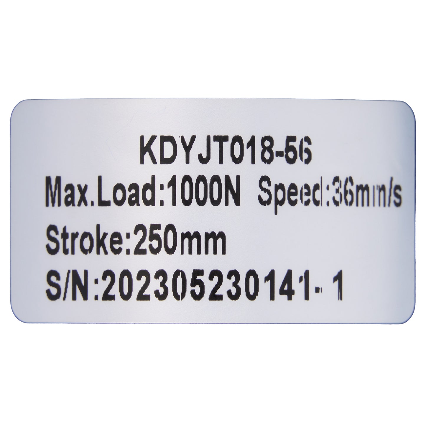Label with technical specifications on a white background