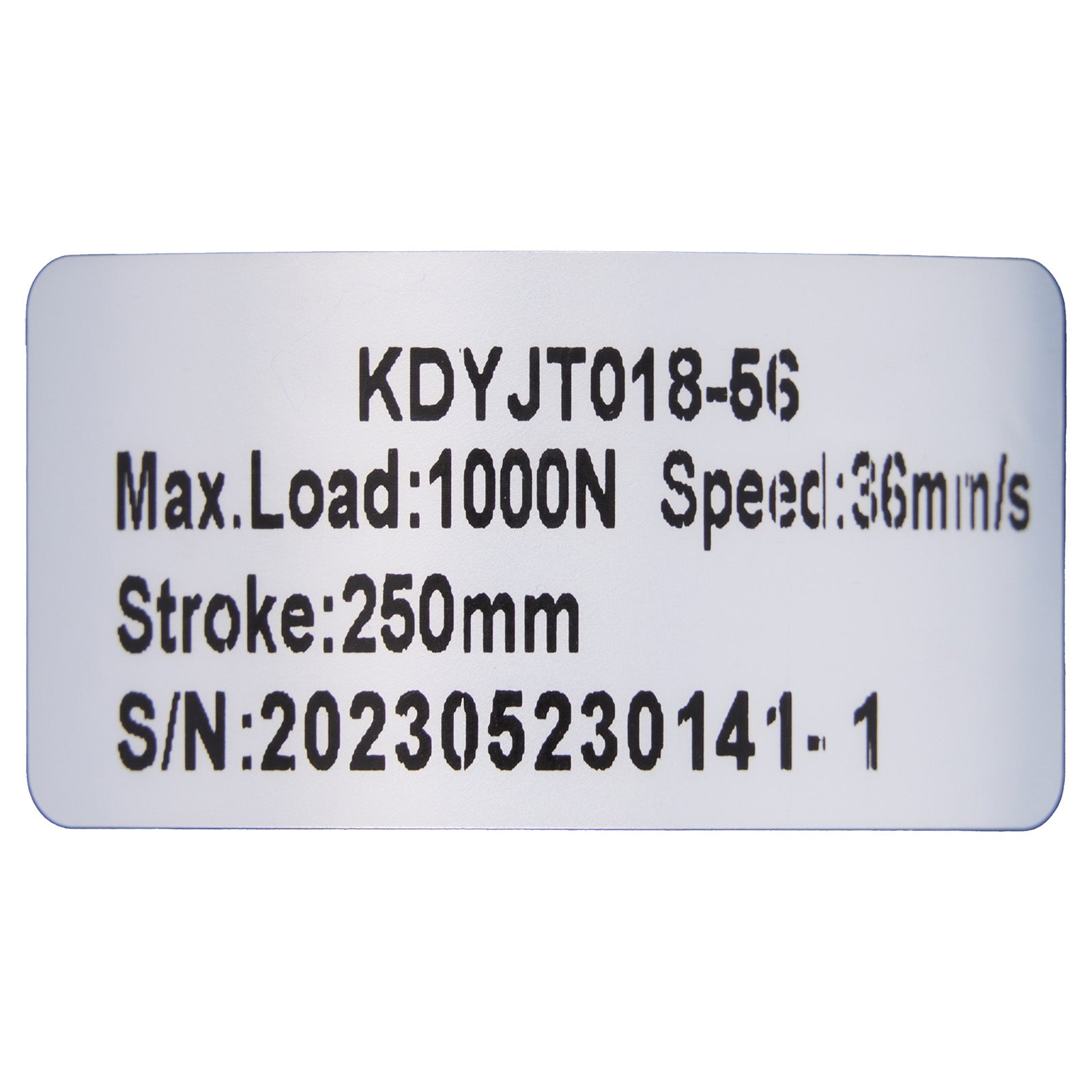 Label with technical specifications on a white background