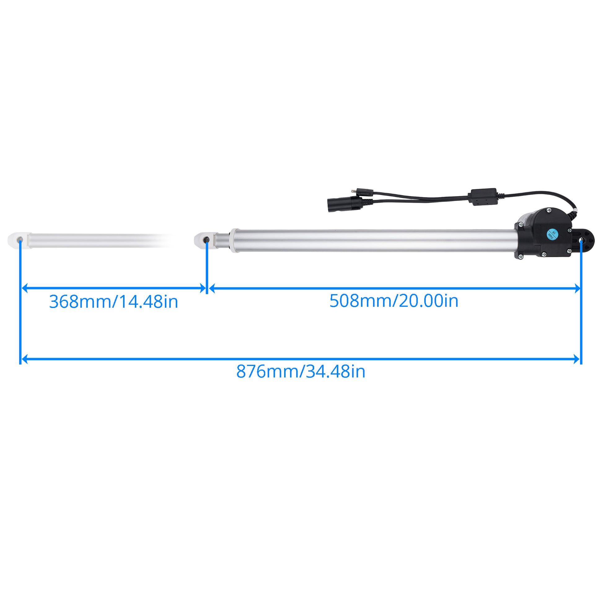 A silver linear hydraulic cylinder with a black motor and wire connector, shown with blue dimension lines and text indicating measurements of 368mm/14.48in, 508mm/20.