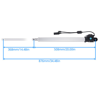 A silver linear hydraulic cylinder with a black motor and wire connector, shown with blue dimension lines and text indicating measurements of 368mm/14.48in, 508mm/20.