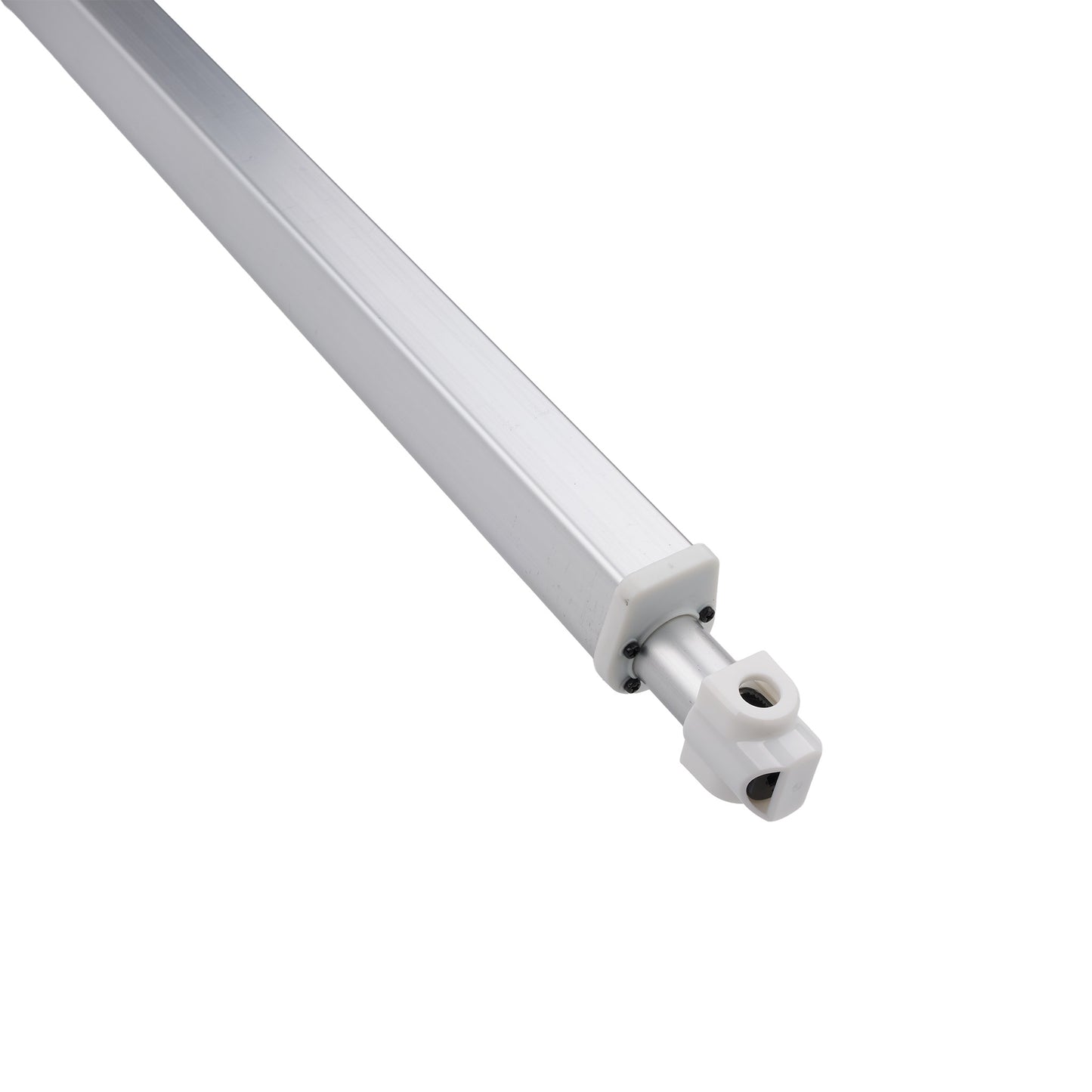 A close-up of a white aluminum linear rail or guide rod with a mounting bracket, shown against a plain white background.