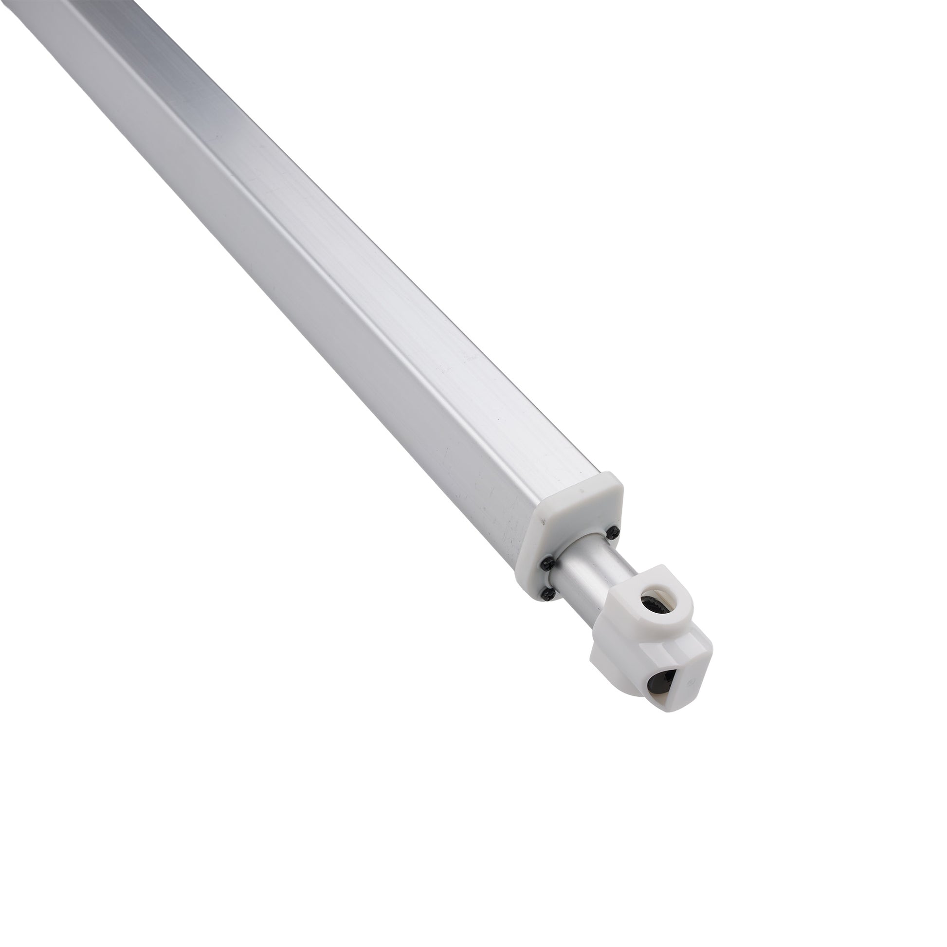 A close-up of a white aluminum linear rail or guide rod with a mounting bracket, shown against a plain white background.
