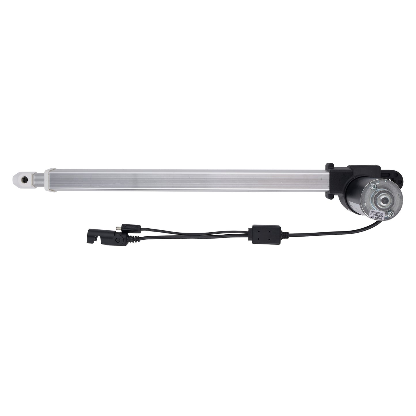 A linear electric motor slide rail assembly with a long silver metal rod, black motor housing, and attached black wiring harnesses, shown against a plain white background.