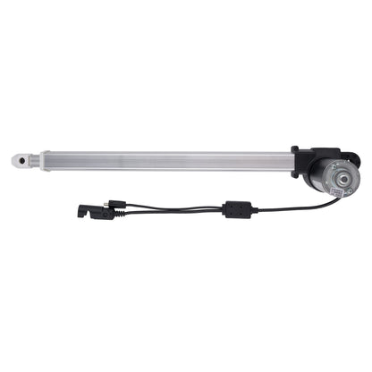 A linear electric motor slide rail assembly with a long silver metal rod, black motor housing, and attached black wiring harnesses, shown against a plain white background.