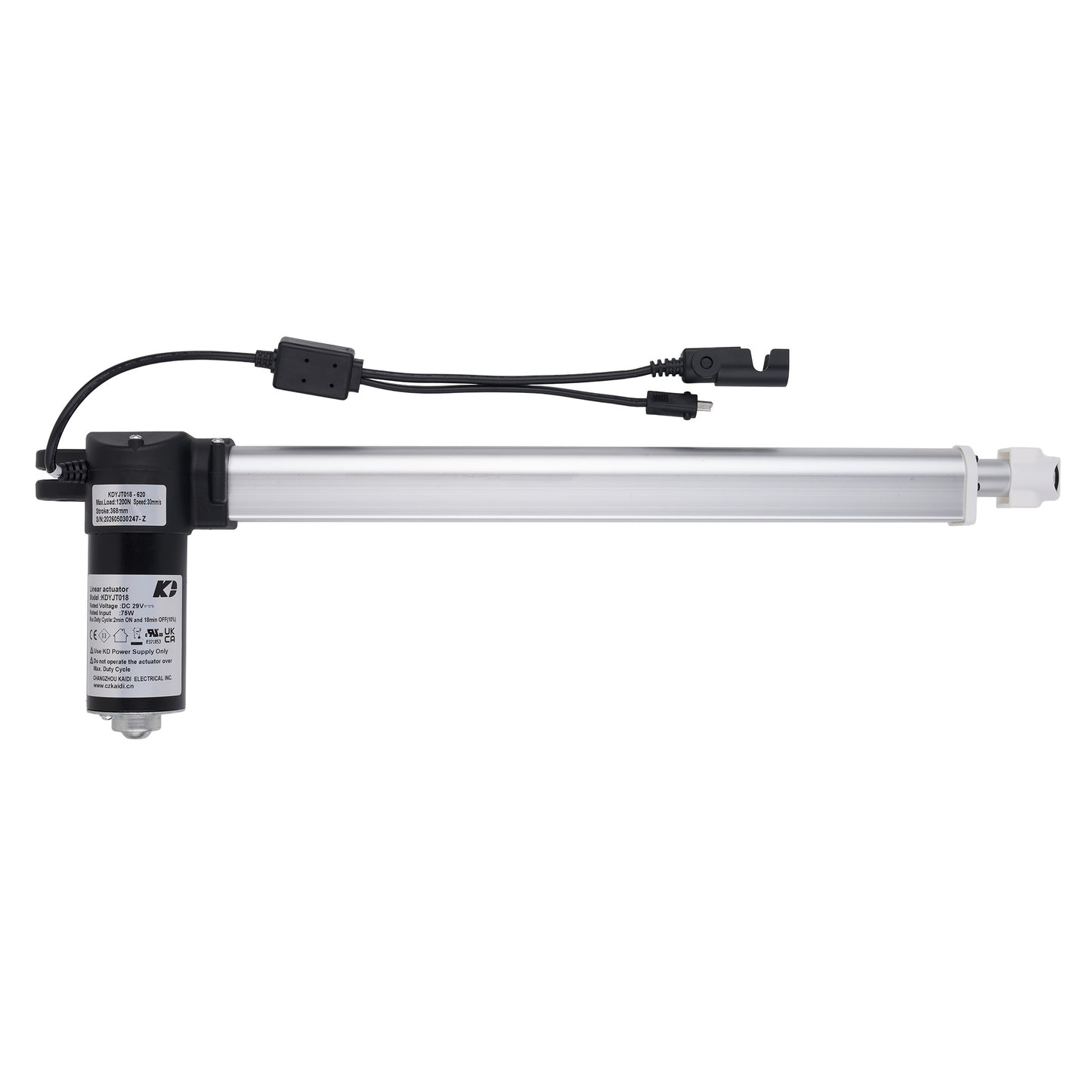An industrial linear electric actuator with a black motor housing, a long silver metal rod, and black wiring with connector plugs, shown against a plain white background.