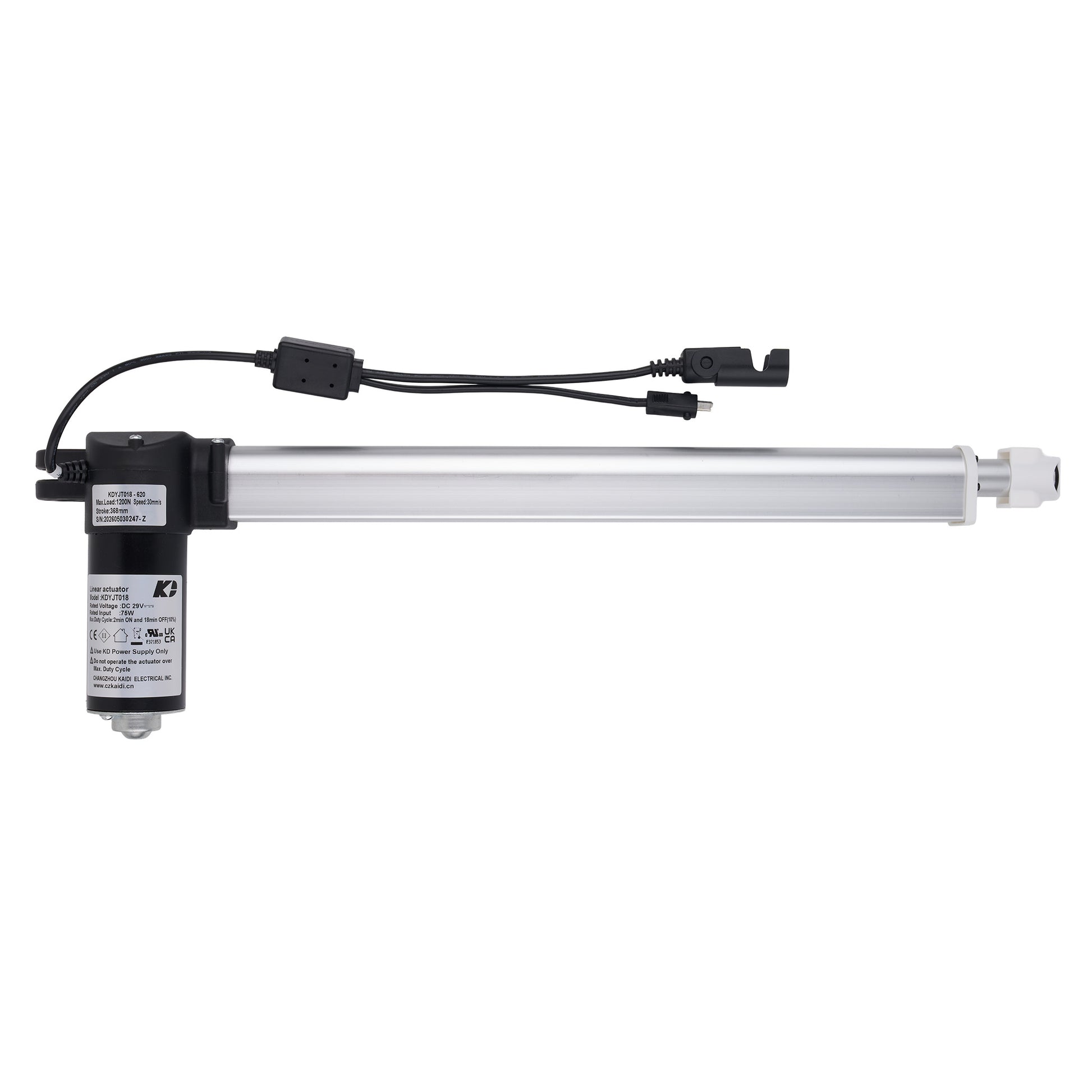 An industrial linear electric actuator with a black motor housing, a long silver metal rod, and black wiring with connector plugs, shown against a plain white background.