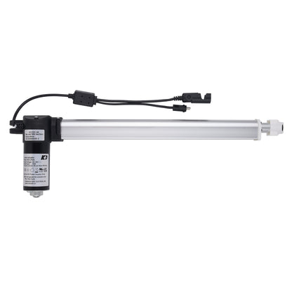 An industrial linear electric actuator with a black motor housing, a long silver metal rod, and black wiring with connector plugs, shown against a plain white background.