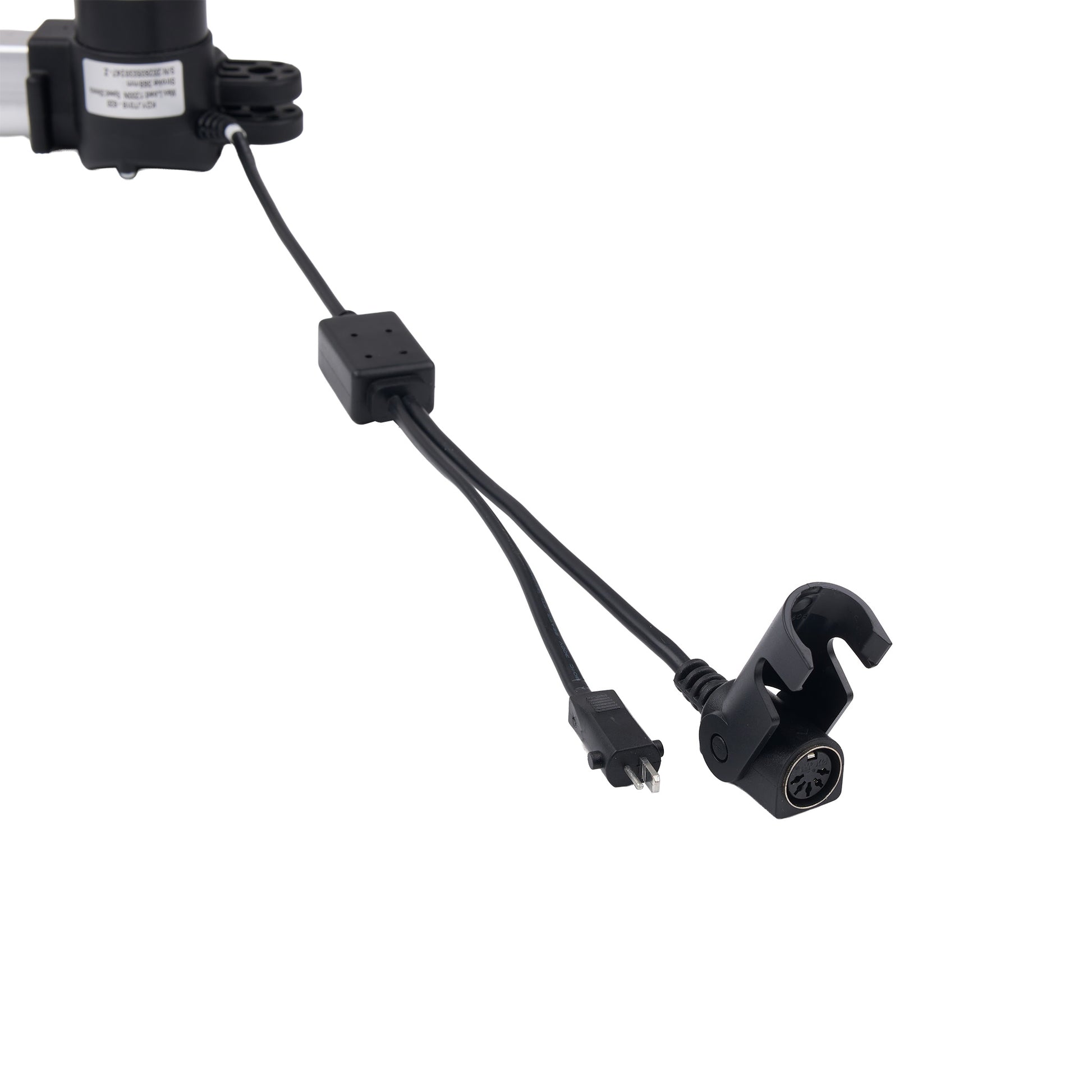 Black electronic control cable assembly with a motor, connector plug, inline switch, and mounting clip on a plain white background.