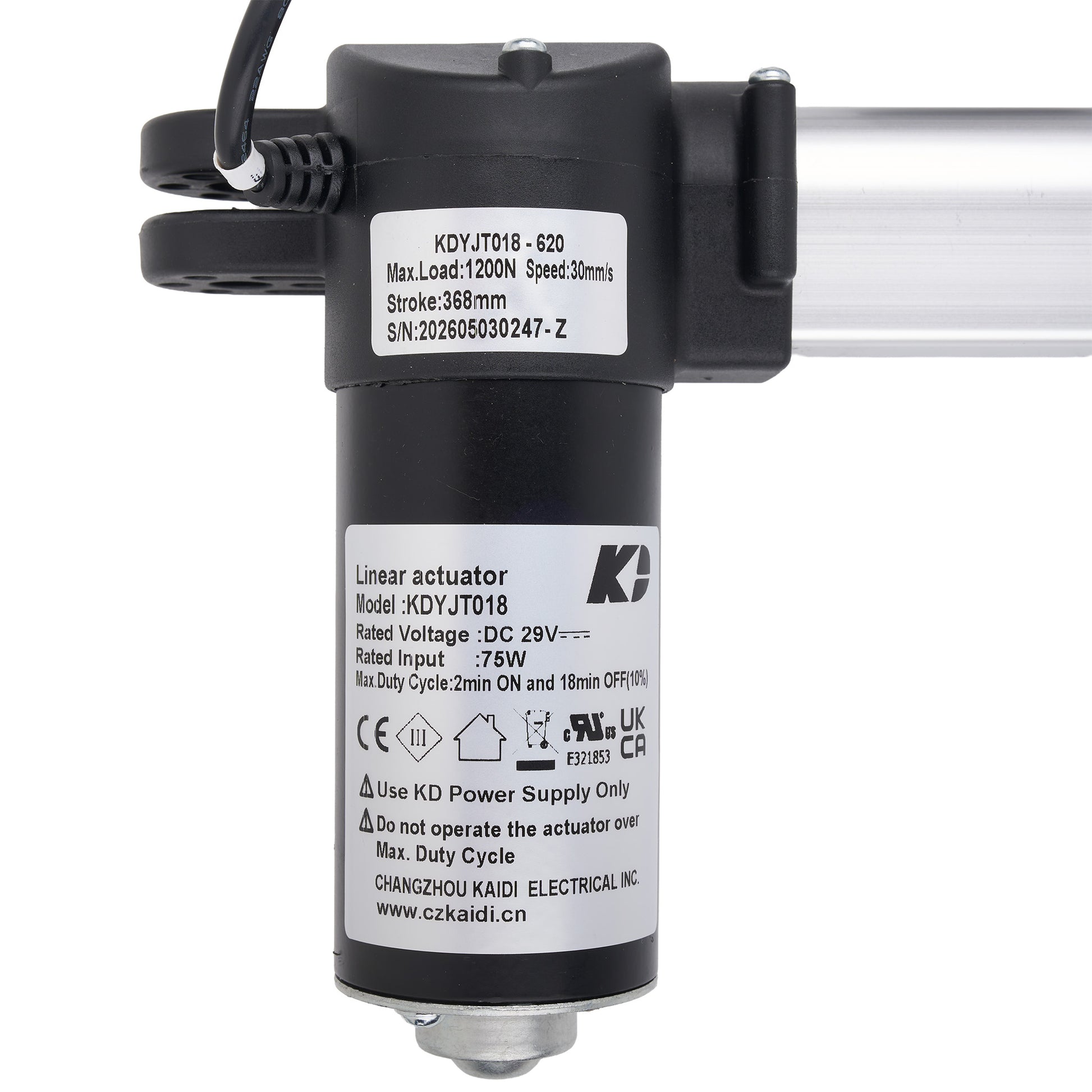 A black linear actuator motor with a silver metal rod, featuring white labels with technical specifications and the K&D brand logo.
