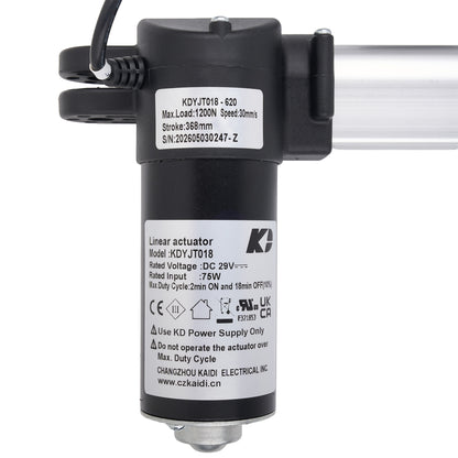 A black linear actuator motor with a silver metal rod, featuring white labels with technical specifications and the K&D brand logo.