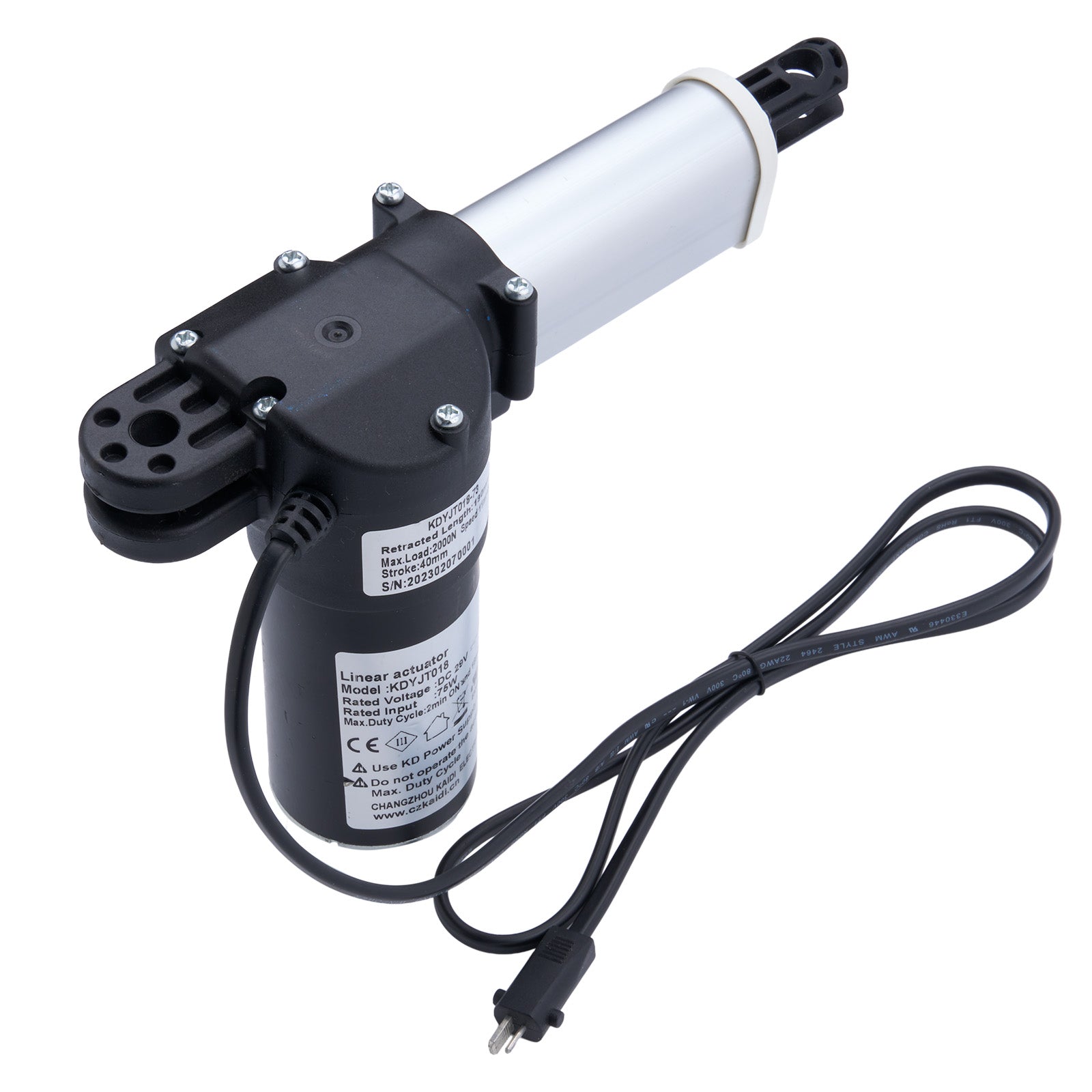 Black and white linear actuator with cable on a white background