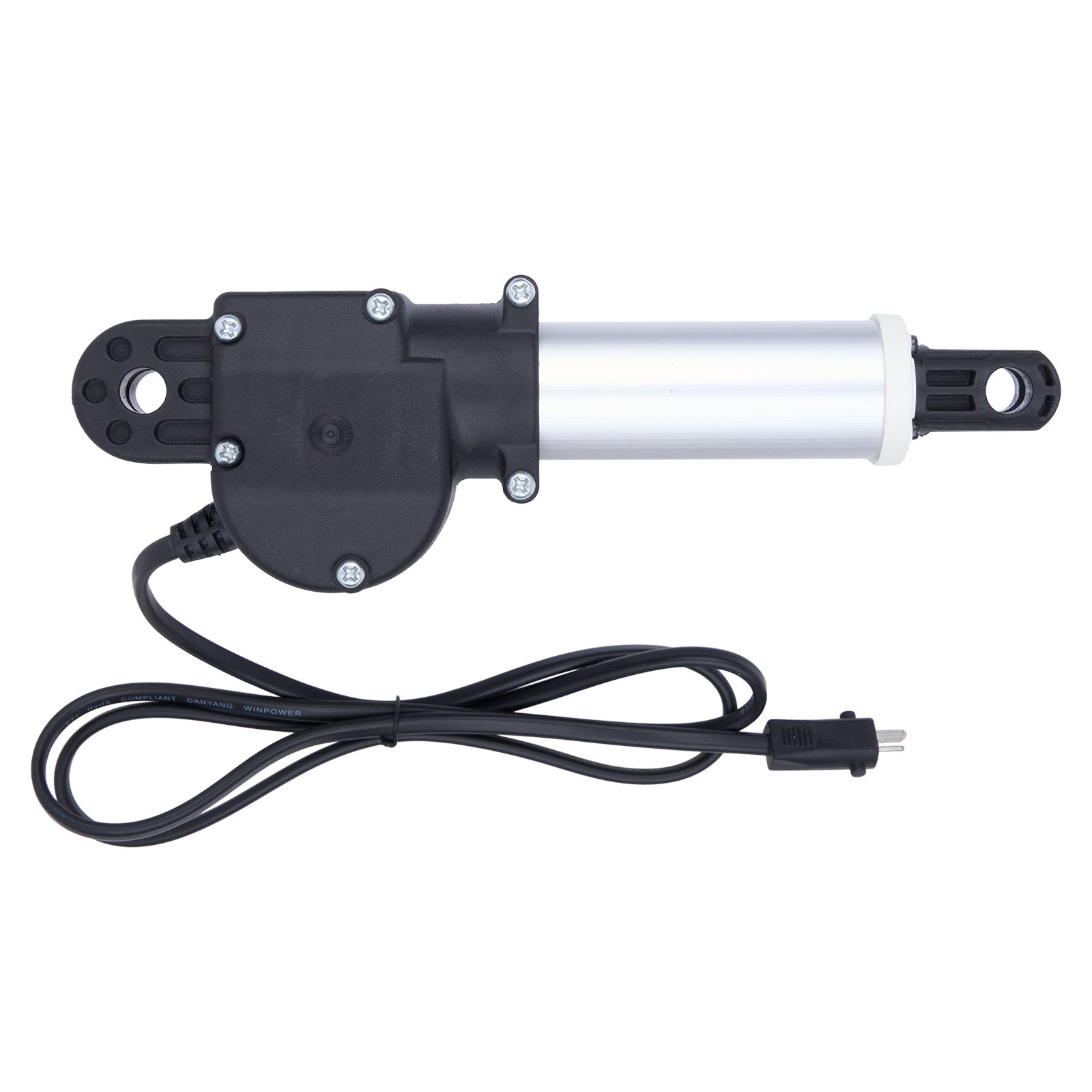 Electric linear actuator with black housing and silver cylindrical component on a white background