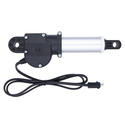 Electric linear actuator with black housing and silver cylindrical component on a white background